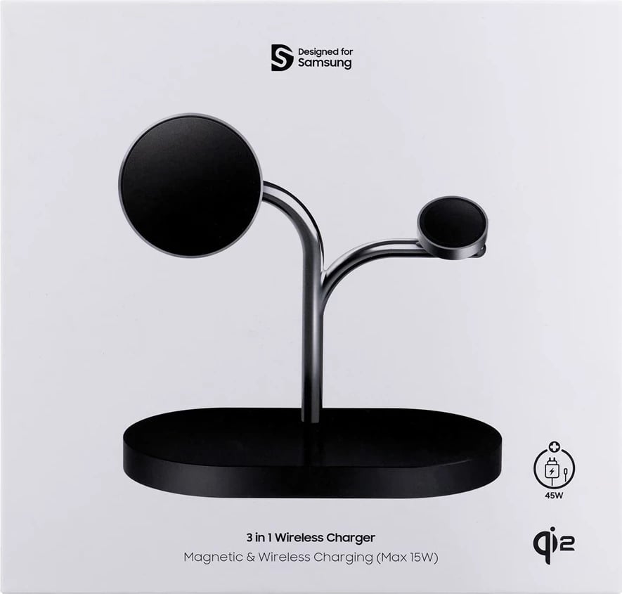 Karikues wireless Samsung GP-PWU024WIABW, për smartwatch, celular, kufje, 15W, USB Type-C, zi/argjendtë