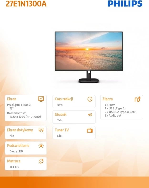 Monitor Philips 27E1N1300A, 27", IPS, 100Hz, Full HD, USB-C, HDMI, Altoparlantë, Zi Monitor Philips 27E1N1300A, 27", IPS, 100Hz, Full HD, USB-C, HDMI, Altoparlantë, Zi