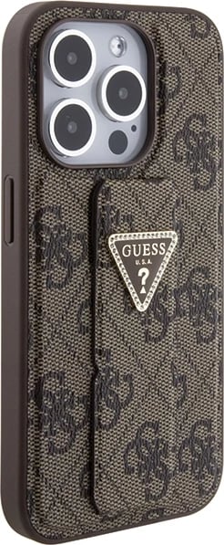 Mbështjellës Guess Grip Stand 4G Triangle Strass për iPhone 15 Pro Max, kafe