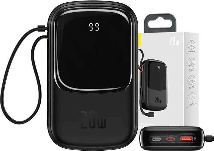Powerbank Baseus Qpow PRO 20000mAh, 20W, me kabllo Lightning, USB-C dhe USB, e zezë