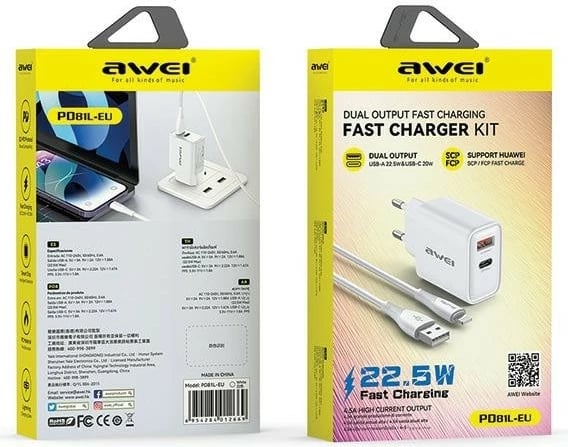 Karikues rrjeti AWEI PD81L-EU me kabllo USB/Lightning, 22.5W, i bardhë, set