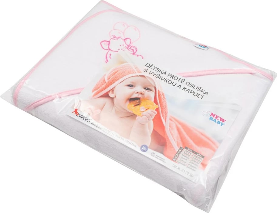 Peshqir me kapuç, New Baby, terry 100x100 cm, 80% pambuk, me qëndisje elefant, i bardhë