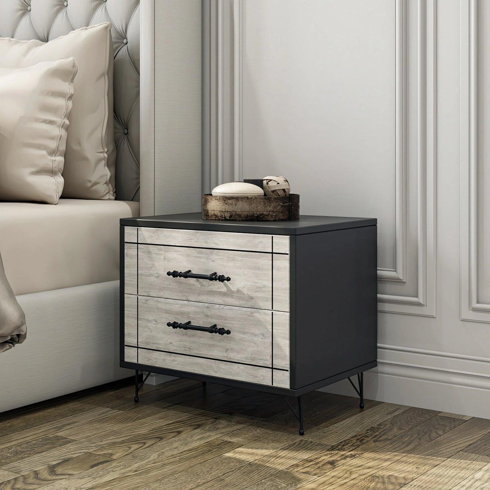 Komodinë nate Hanah Home, gri e çelët, dy sirtarë