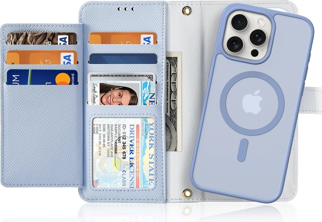 Mbështjellës Dux Ducis Lawa për iPhone 15, lëkurë, me portofol magnetik, kaltër