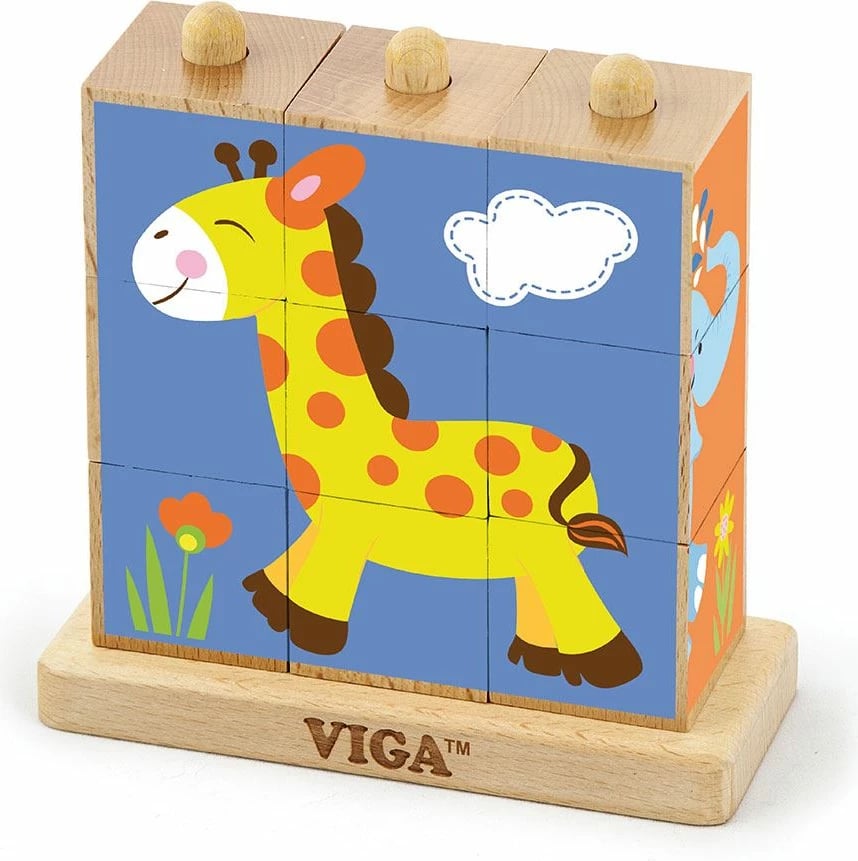 Puzzle me blloqe druri, Viga Zoo, 9 blloqe, 14x14x5 cm, shumëngjyrëshe