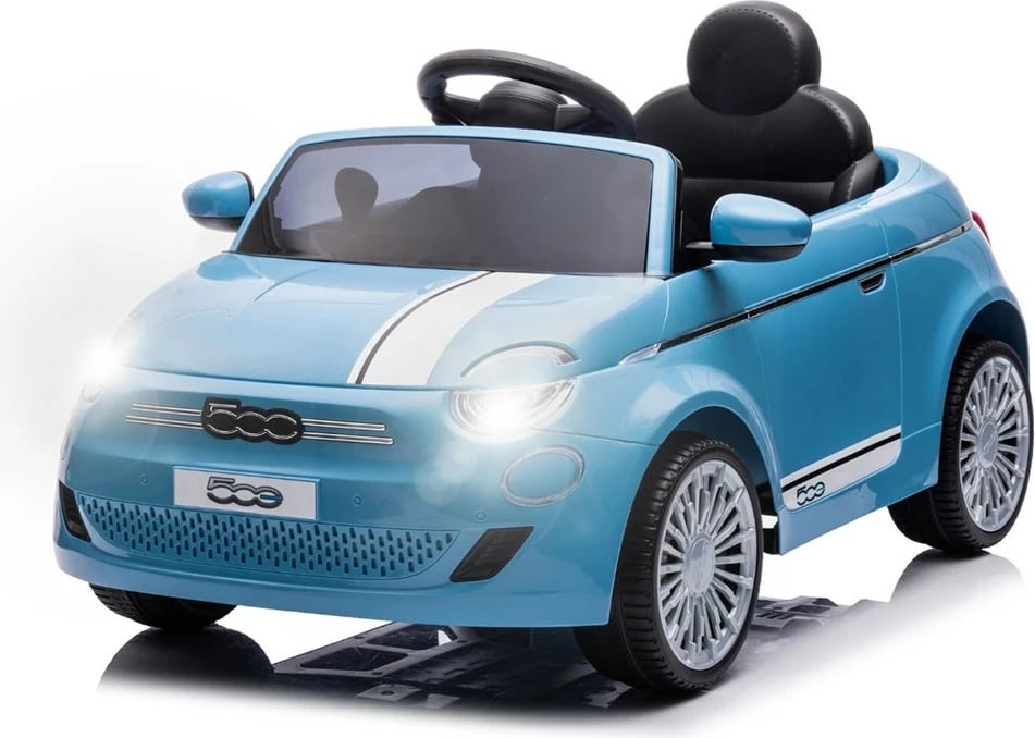 makinë elektrike për fëmijë, Milly Mally, Fiat 500e, 12V dy motorë 390, 3 shpejtësi 3–6 km/h, telekomandë prindërore, USB Bluetooth LED, blu