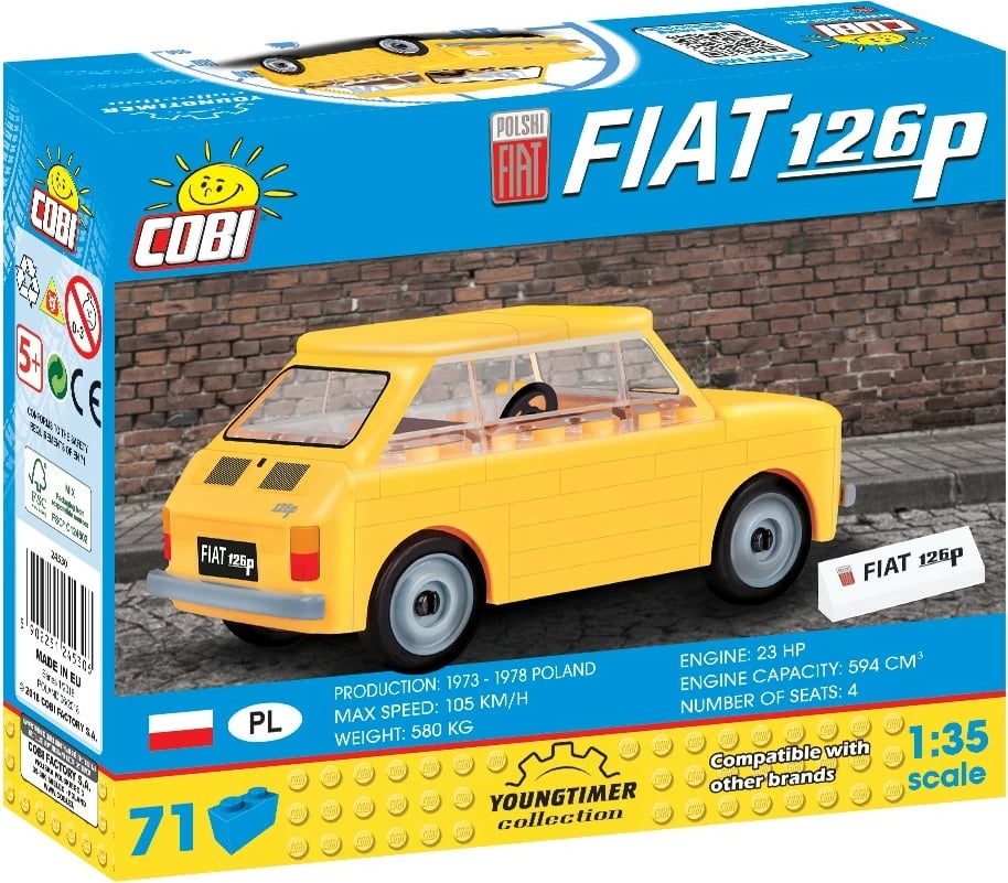 Set ndërtimi Cobi Klocki Fiat 126p, 71 pjesë, e verdhë