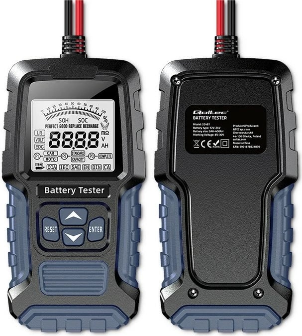 Tester baterie Qoltec 52487, dixhital, LCD, 12V/24V, 3Ah-250Ah, zi/blu