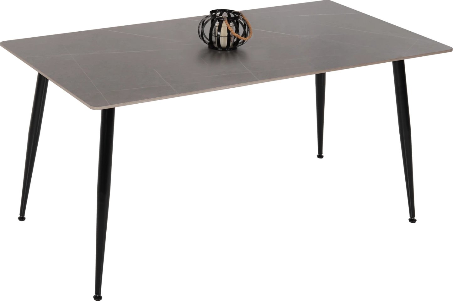 Tavolinë ngrënieje TOM, FH8588.01, sipërfaqe guri të sinteruar, pamje mermeri gri, këmbë metali të zeza, 160x90x76 cm