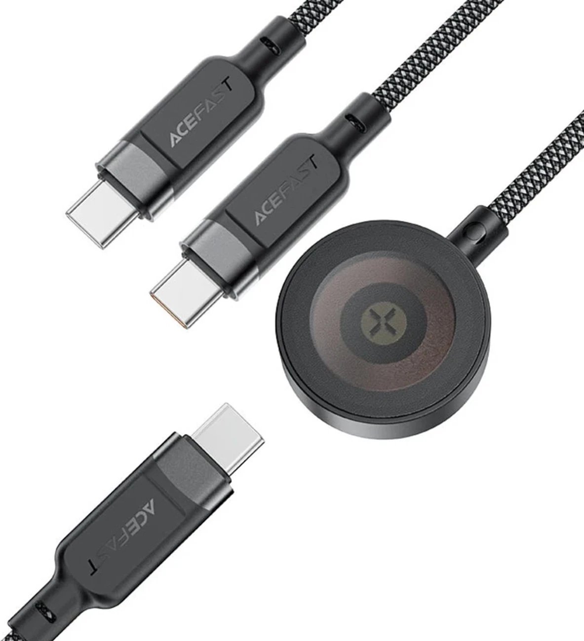 Kabllo 3n1 Acefast C6-11, 2x USB-C / Qi, 1.2m, 100W, e zezë