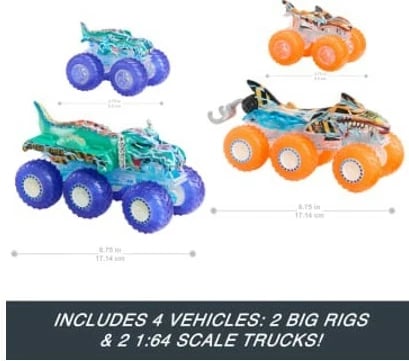 Set lodrash Hot Wheels Monster Trucks Power Smashers, Tiger Shark & Mega-Wrex, 1:64, shumëngjyrëshe