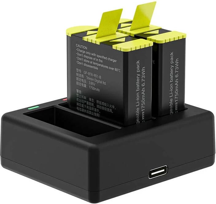 Karikues tre-kanalësh Telesin GP-BTR-903-B me 2 bateri për GoPro Hero 9/10/11/12, 1750 mAh, zi