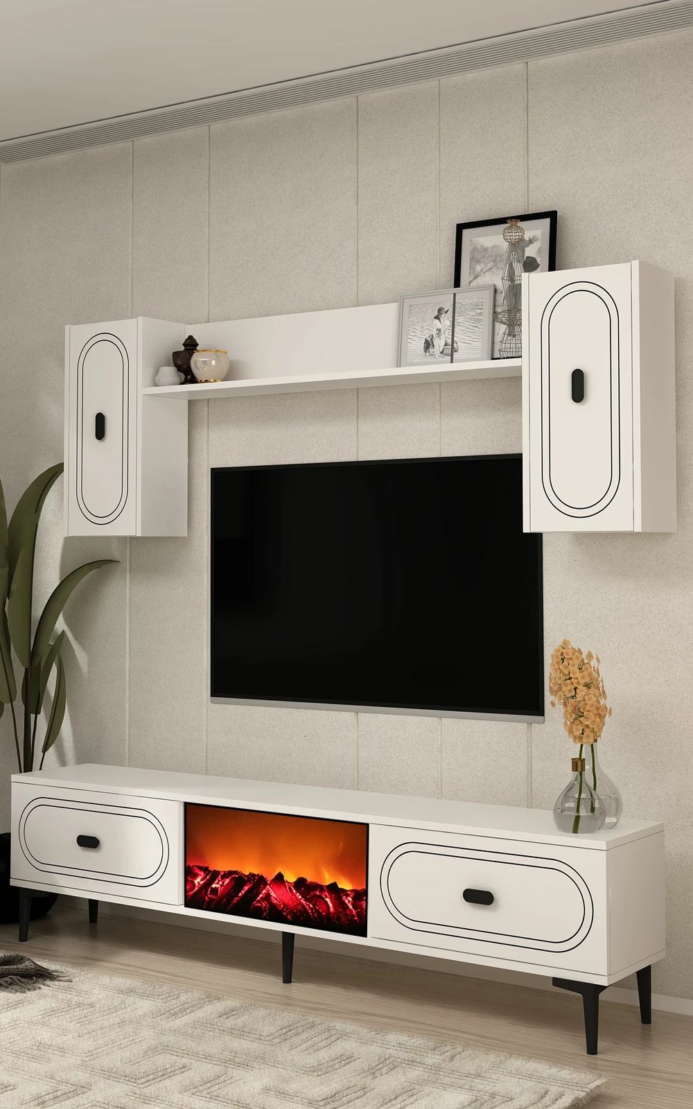 Njësi TV Skye Decor, weny bohem me oxhak dekorativ, e bardhë