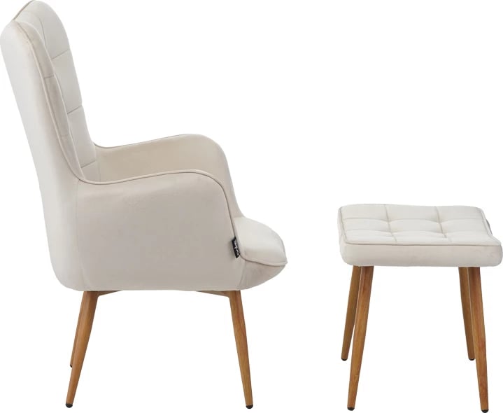 Fotel Maddison me stol këmbësh, kadife krem, këmbë natyrale, 68x72x98cm