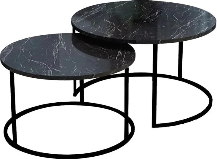 Set tavolina ndihmëse për sallon, efekt mermeri i zi, këmbë metalike të zeza, 2 copë