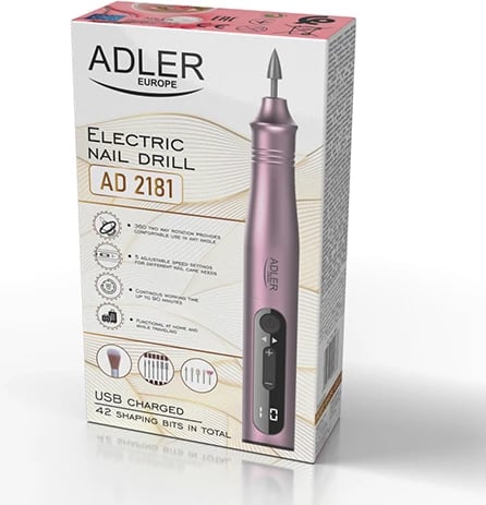 Freze elektrike për thonj, Adler, AD 2181, deri 13500 RPM, 5 shpejtësi, rikarikues USB-C me LED, set 11-në-1, rozë Freze elektrike për thonj, Adler, AD 2181, deri 13500 RPM, 5 shpejtësi, rikarikues USB-C me LED, set 11-në-1, rozë