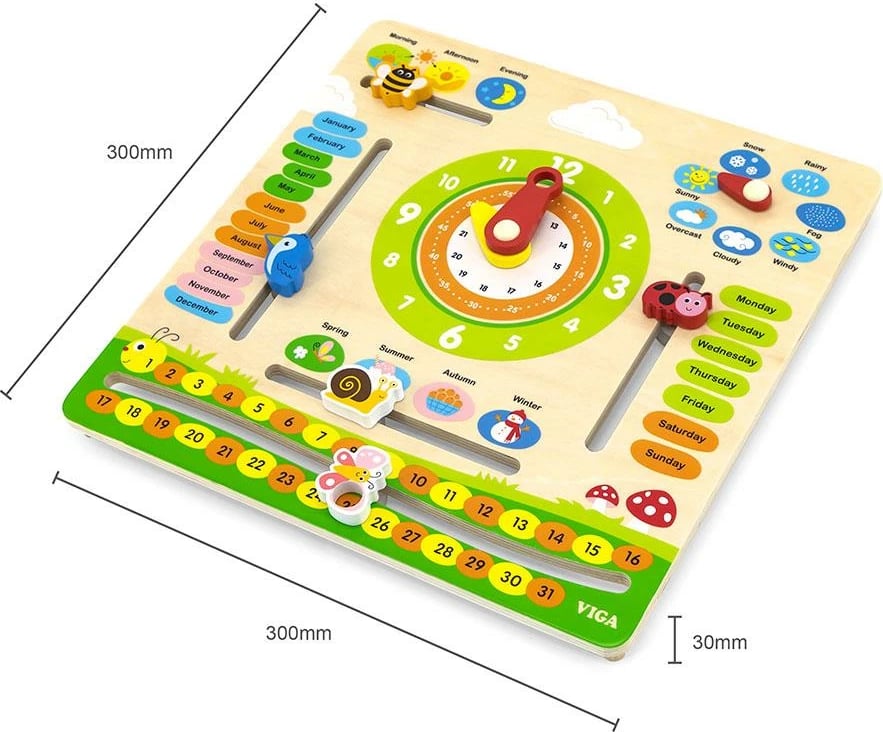 kalendar druri edukativ, Viga, orë analoge dhe mësim i muajve, ditëve, stinëve e motit, 300x300 mm, multicolor