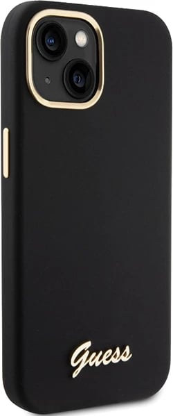 Mbështjellës Guess Silicone Script Metal Logo & Frame për iPhone 15, i zi