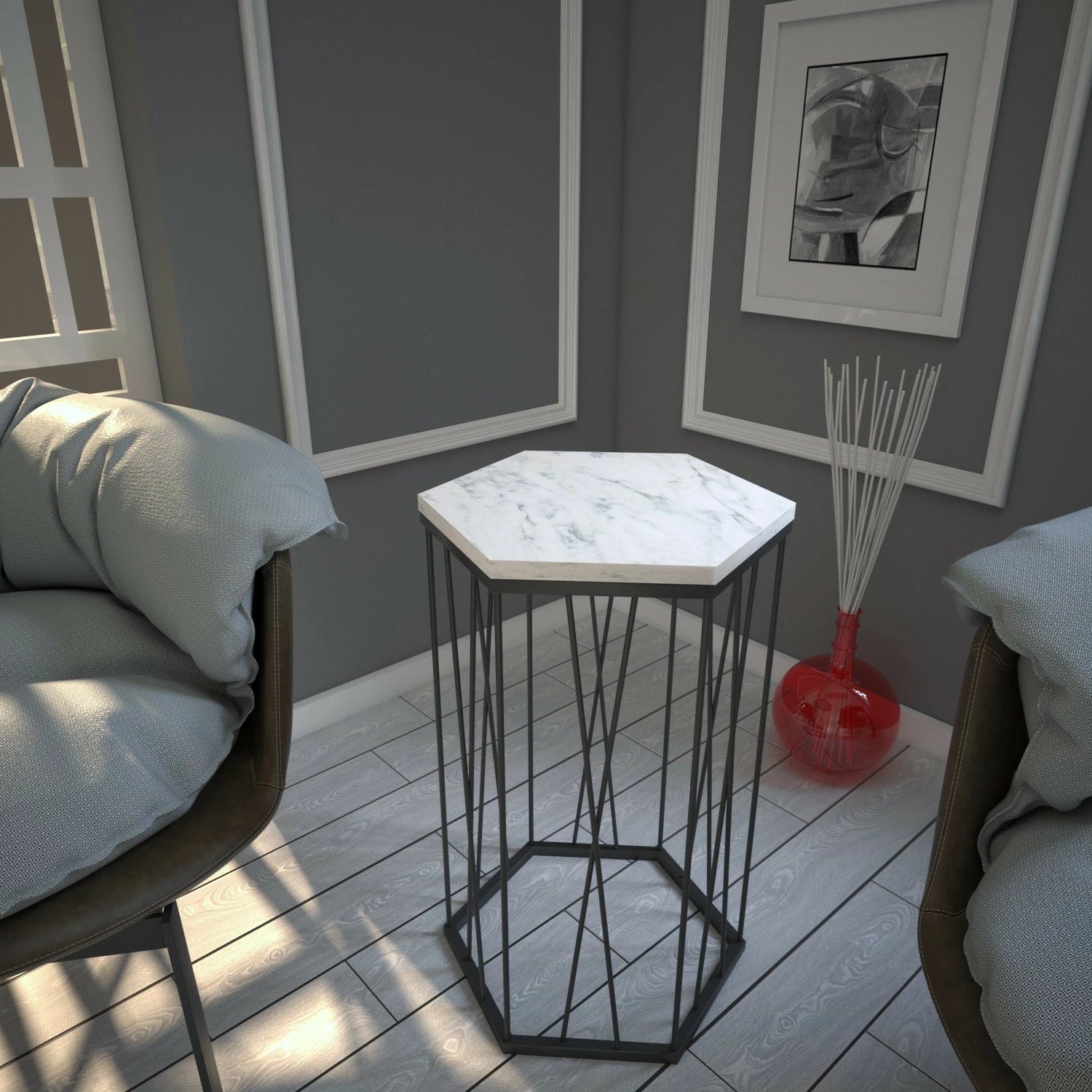 Tavolinë anësore Hanah Home, Cetrus - Marmo, e bardhë dhe e zezë