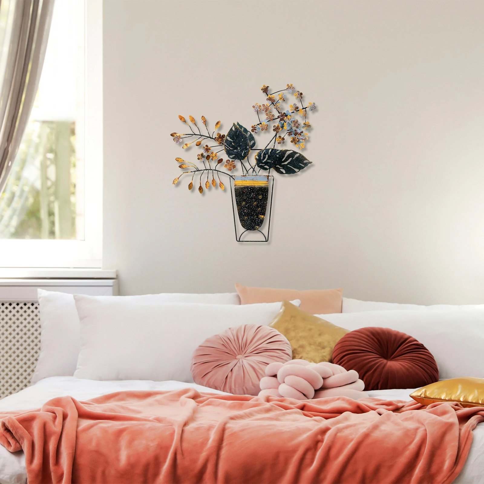 Aksesor dekorativ metalik për mur, lule në vazo, Wallity, shumëngjyrësh