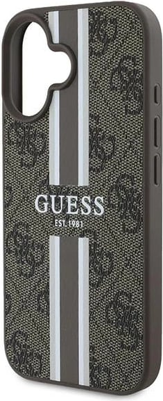 Mbështjellës Guess 4G Printed Stripes MagSafe për iPhone 16 Plus, Kafe