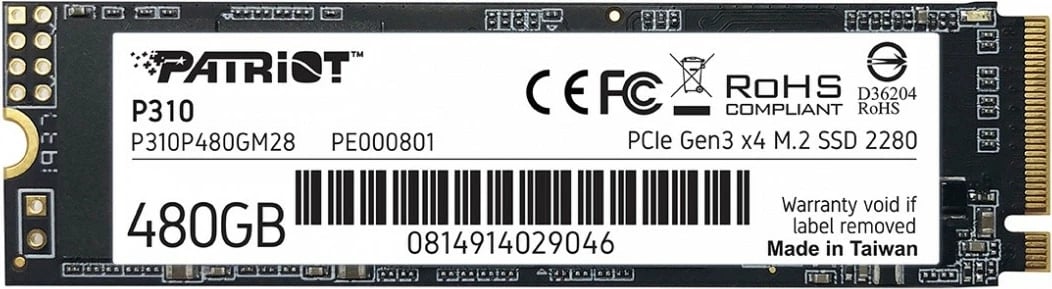 SSD Patriot P310, 480GB, M.2 2280, PCIe Gen3 x4, NVMe