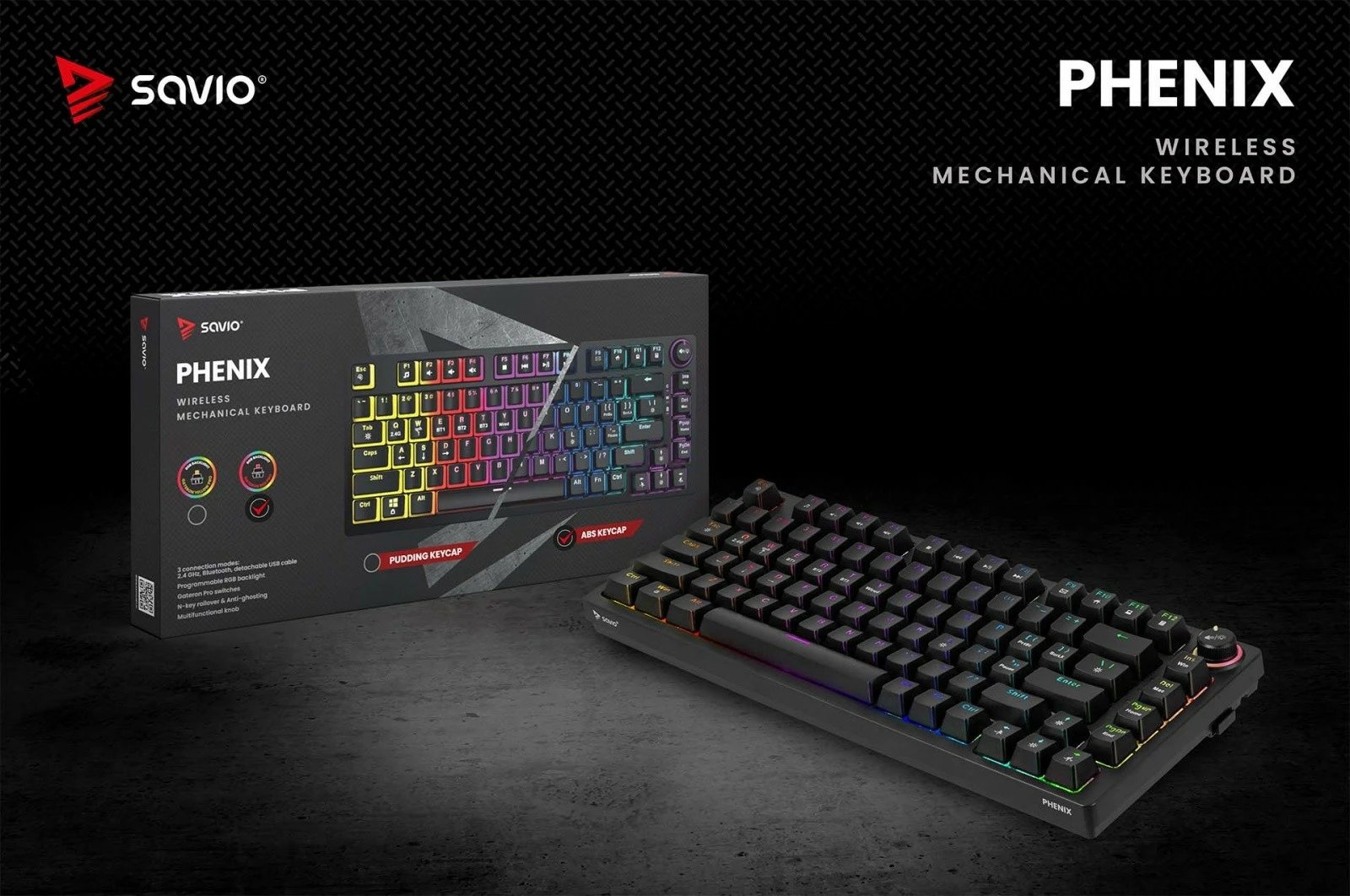Tastierë mekanike wireless Savio Phenix, Gateron Red Pro, 82 taste, RGB, e zezë Tastierë mekanike wireless Savio Phenix, Gateron Red Pro, 82 taste, RGB, e zezë