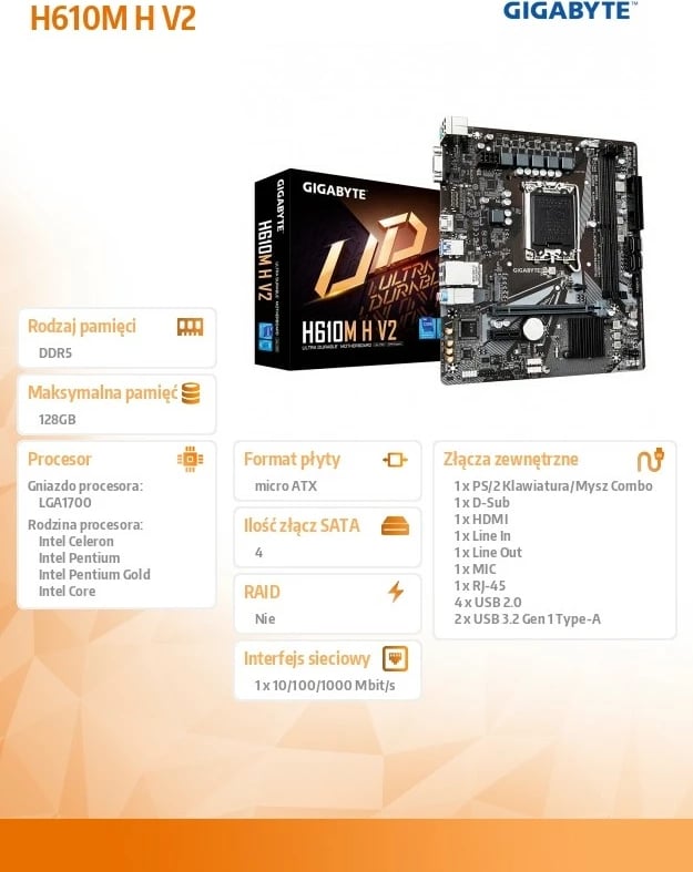 Pllakë amë, Gigabyte, H610M H V2, LGA1700 Intel H610, 2x DDR5, mATX, HDMI/DSUB, M.2
