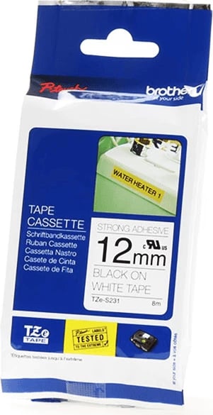 Kasetë shirit etiketimi, Brother, TZe-S231, 12mm 8m, ngjitje e fortë, e zezë në të bardhë