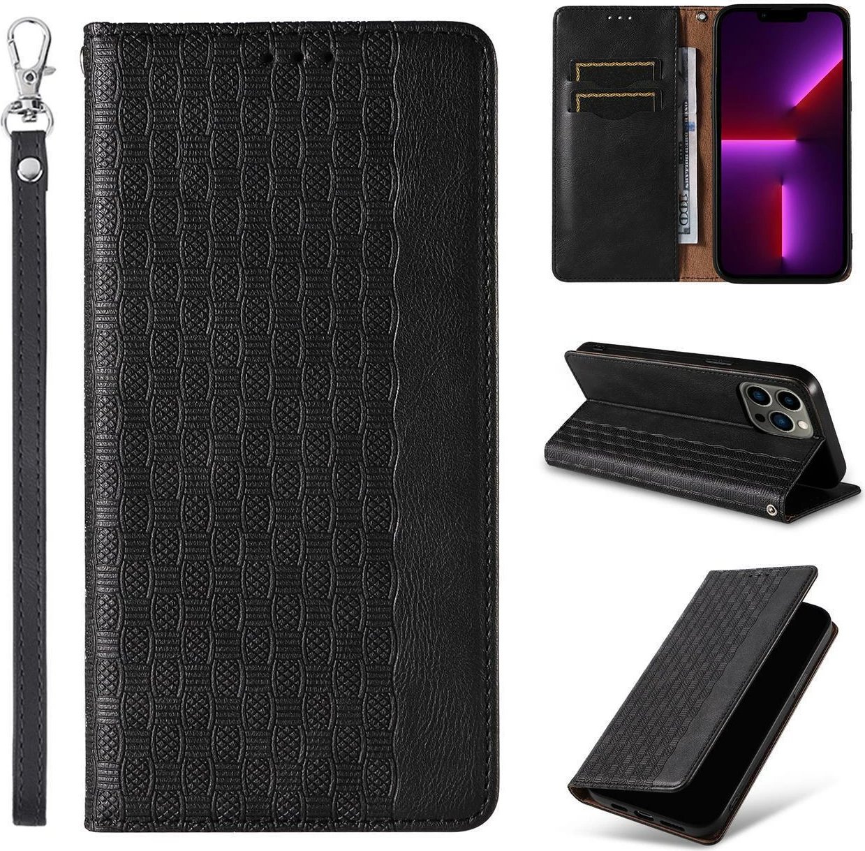 Mbështjellës Hurtel Magnet Strap Case për iPhone 13 Pro Max, me portofol dhe litar dore, e zezë