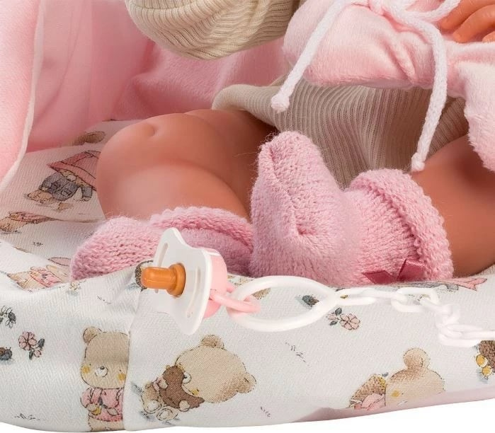 Kukull bebe Llorens Nica 40 cm, trup vinili i butë, e banojshme, set me Thes gjumi dhe aksesorë, rozë