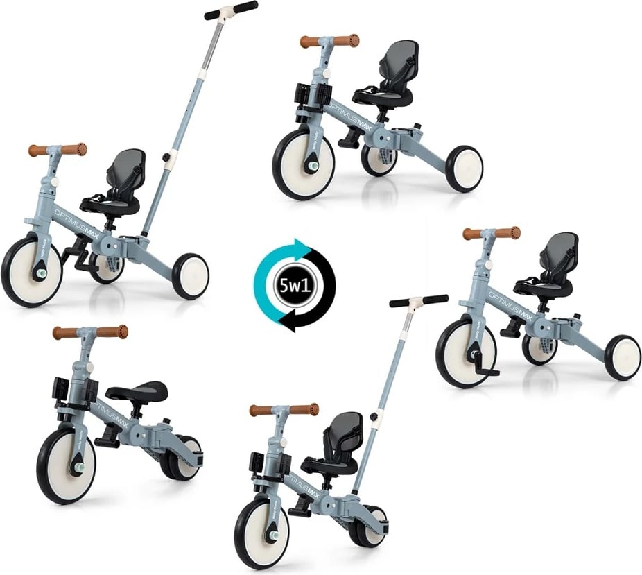 tricikël 5‑në‑1 me dorezë prindi, Milly Mally, Optimus Max, rrota shkumë, sedile e rregullueshme, 12–36 muaj, blu denim