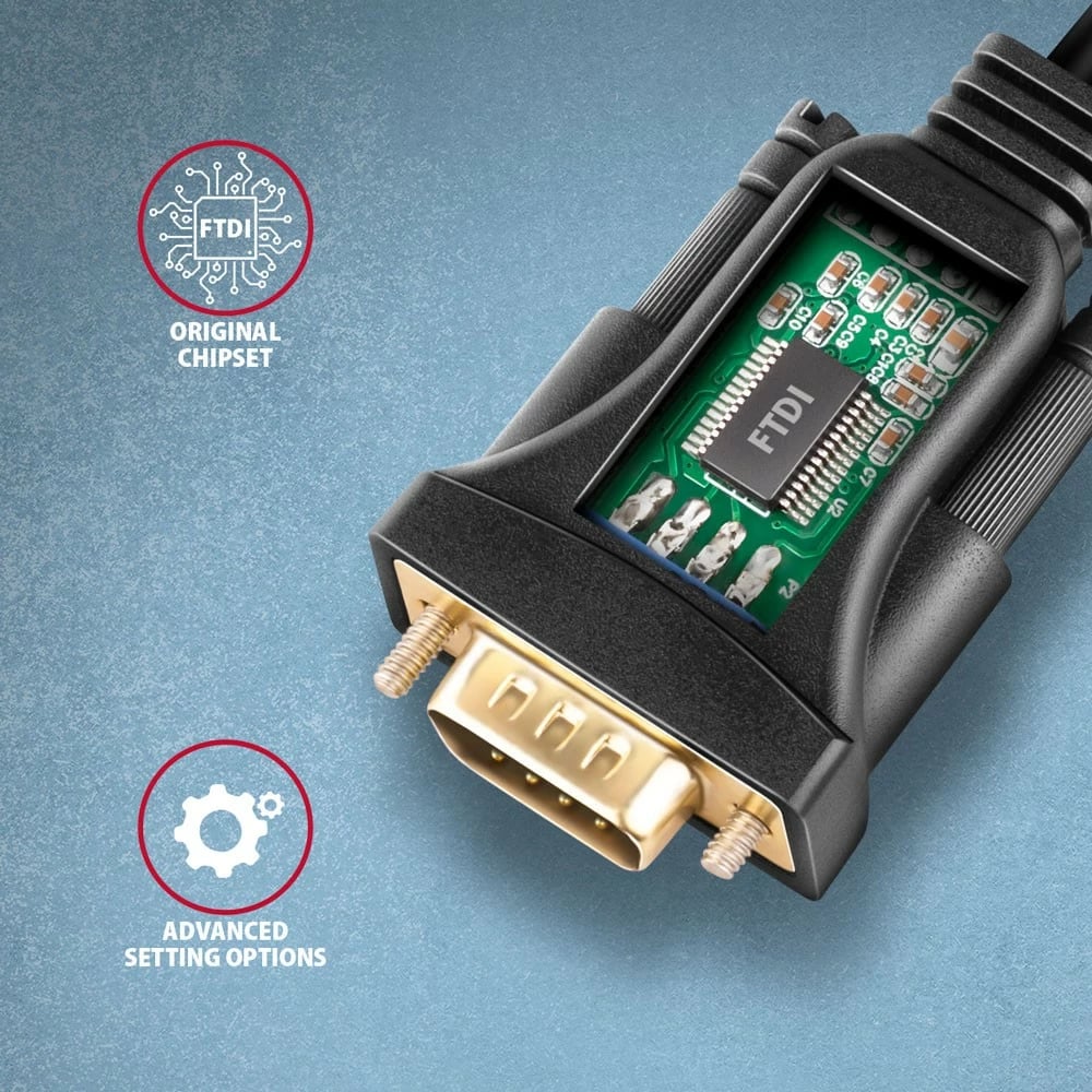 Adapter AXAGON ADS-1PQN USB 2.0 në RS-232, 1.5m, FTDI, i zi
