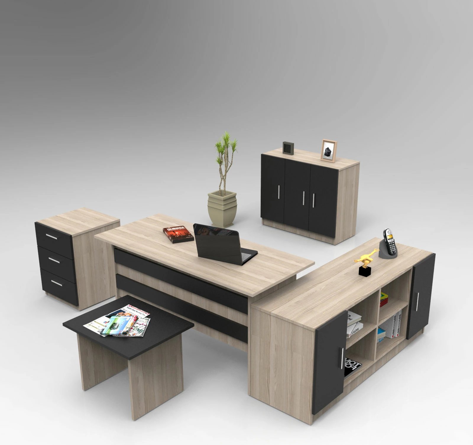 Set mobiljesh për zyre Hanah Home, Vo16-Ob, ngjyrë lis dhe e zezë