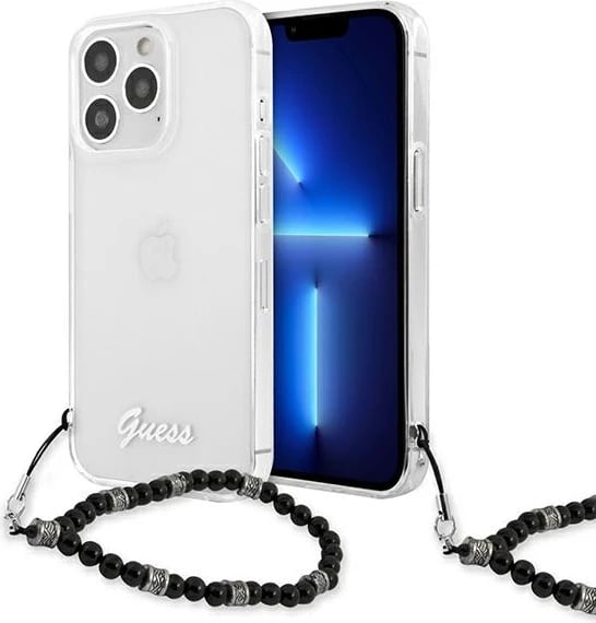 Mbështjellës Guess GUHCP13LKPSBK për iPhone 13/13 Pro 6.1", transparent me varëse perlë, Black Pearl
