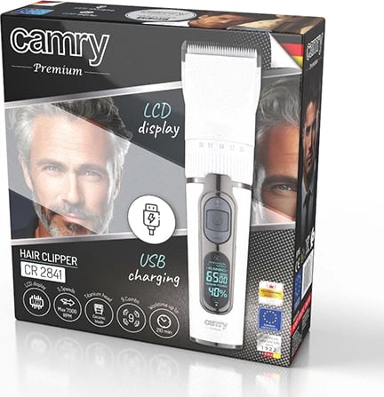 Makinë rroje flokësh, Camry CR 2841, LCD, IPX6, bateri 2000 mAh deri 210 min, 5 shpejtësi, 6 krehra, e bardhë