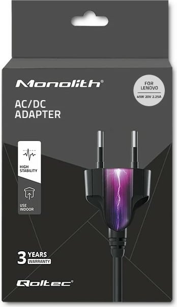 Adapter rryme për laptop Qoltec 45W, për Lenovo IdeaPad, 20V 2.25A, me kabllo rryme, i zi