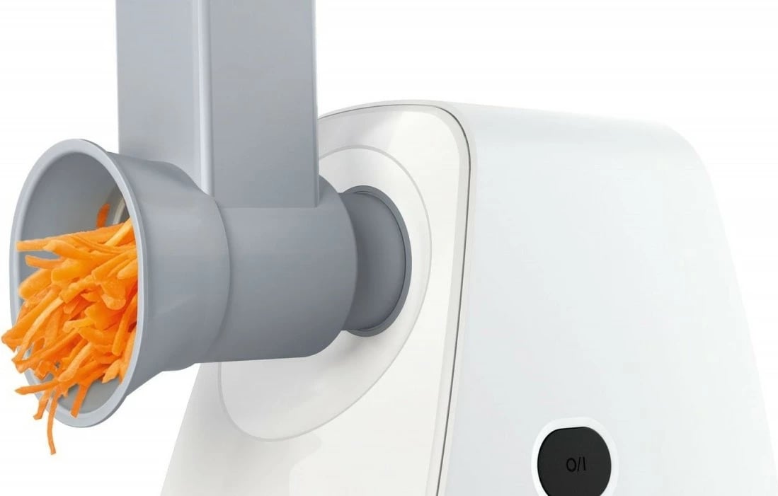 Grirëse mishi, Bosch MFW2517W, 1500W, sita 3.8/8 mm, me grirëse perimesh 3 tamburë, shtytës salçiçe, shtrydhëse manaferre/domate, e bardhë