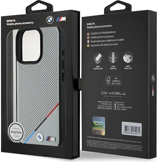 Mbështjellës BMW M Perforated Tricolor Line MagSafe për iPhone 16 Pro, Gri