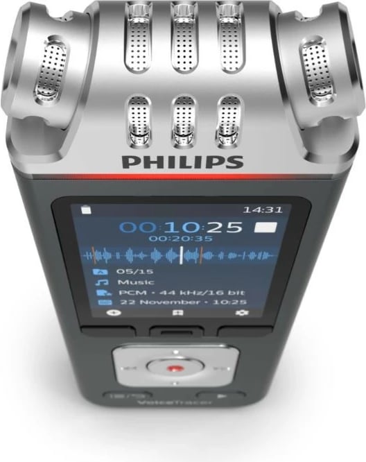 Dyktafon Philips VoiceTracer DVT8115, 8GB, mikrofon 360°, microSDHC 32GB, Zi/Argjendtë