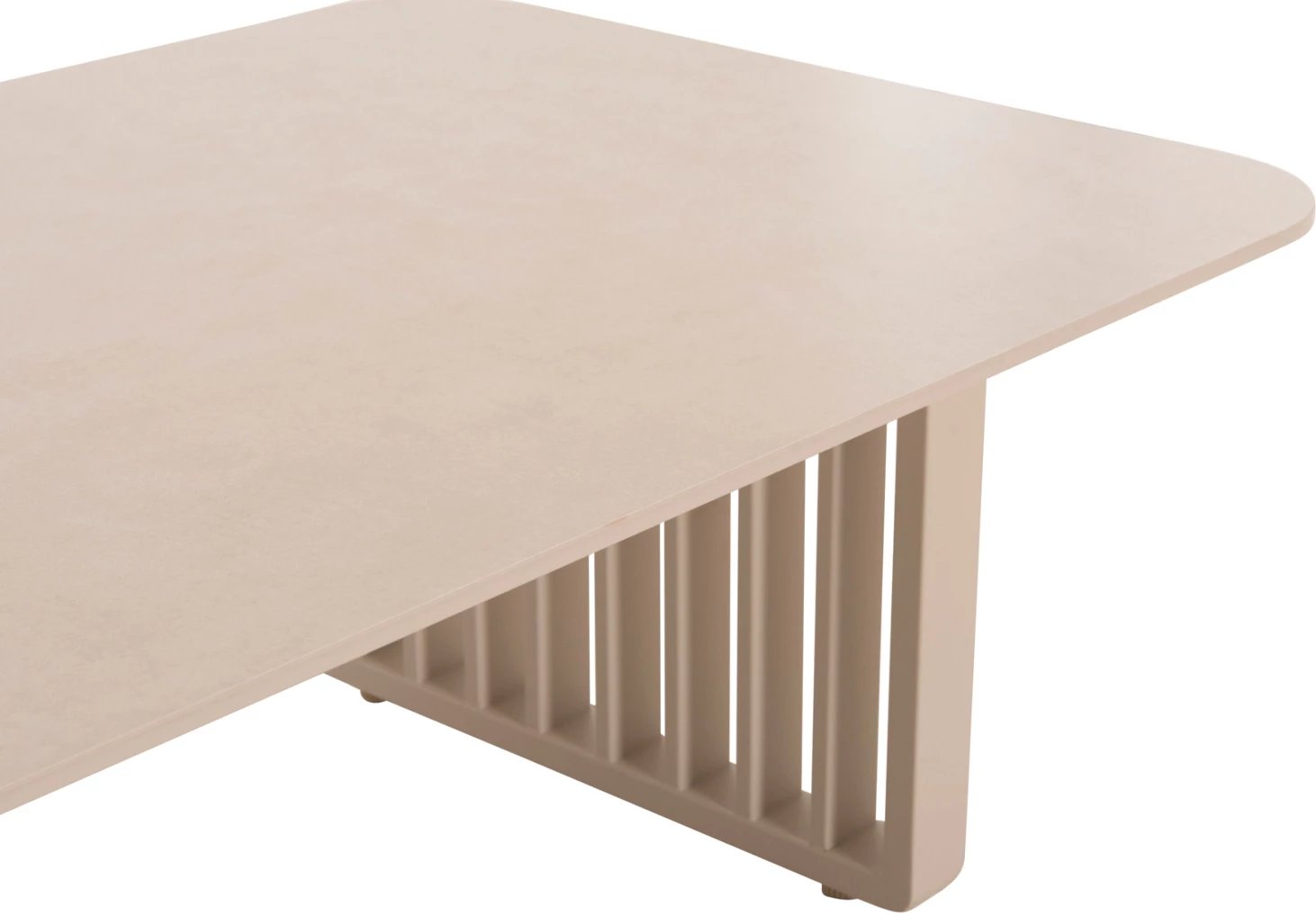 Set salloni për jashtë, 4 pjesë, kornizë alumini, ngjyrë krem, jastëkë bezhë, mbështetëse teak, tavolinë me sipërfaqe guri të sinterizuar, Candeo ETERNITY