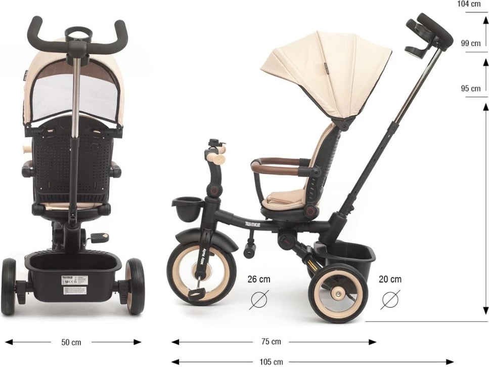 Tricikletë fëmijësh me dritë Milly Mally Twinkle, sedile rrotulluese 180°, timon prindëror i rregullueshëm, rrota shkumë, kapacitet 25 kg, me çati dhe kosha, bezhë