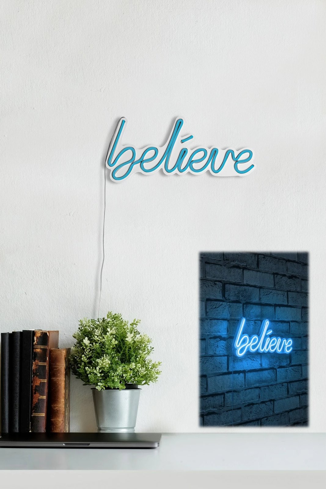 Dekor dritash LED plastike, ngjyrë kaltër, 'believe', 33x16x2cm