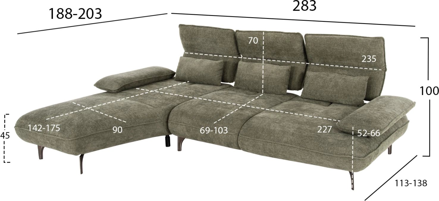 Këndi i majtë i divanit CONVERT FH3268.04L, ngjyrë jeshile selvi, 283x188x100 cm