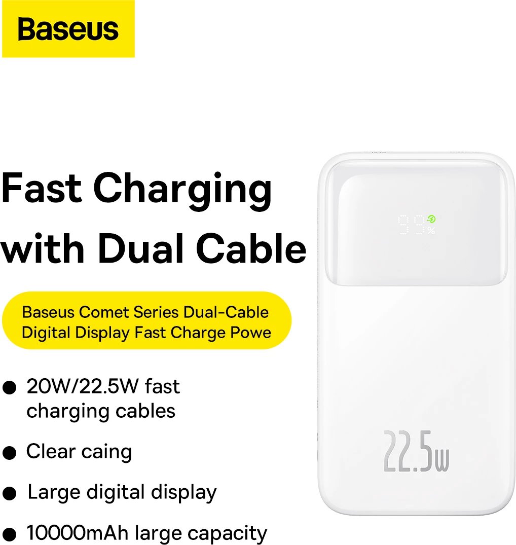 Powerbank Baseus Comet Series PPMD020002, 10000mAh, 22.5W, me ekran, me kabllo USB-C dhe Lightning, e bardhë