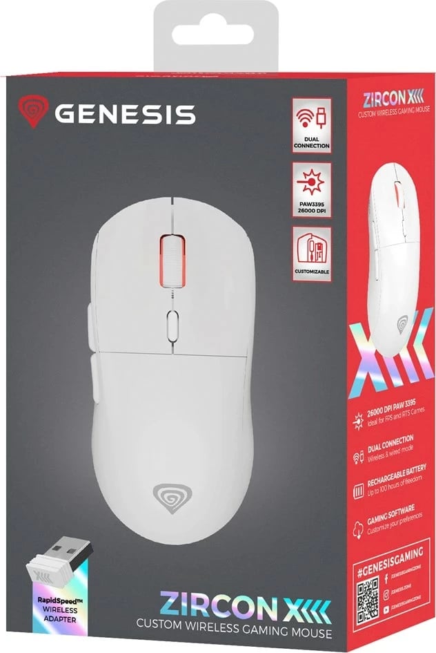 Maus GENESIS Zircon XIII, NMG-2090, wireless + USB Type-C, 26000 DPI, i bardhë