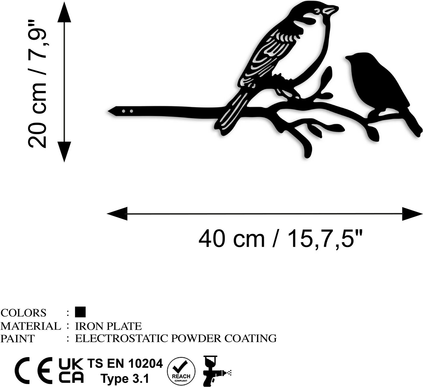 Dekor për kopsht, zogj në degë, ngjyrë e zezë, Aberto Design, 40x20cm
