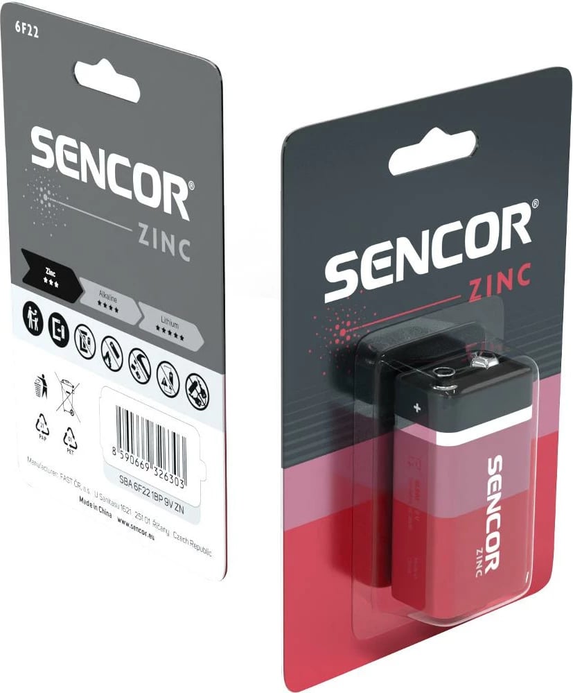 Bateri Sencor SBA 6F22 1BP 9V Zn, 1 copë