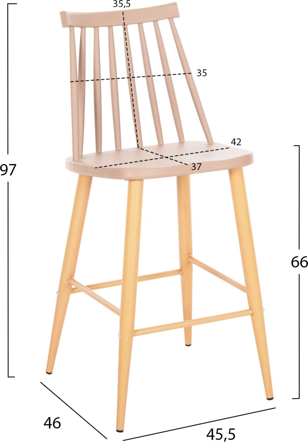 Karrige për bar mesatare VANESSA FH9300.25 ngjyrë kapuçino PP & këmbë metalike ngjyrë druri 45,5x46x97Hcm., set prej 2 copë