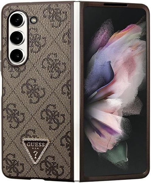 Mbështjellës Guess Leather 4G Triangle Strass për Samsung Galaxy Z Fold 5, Kafe